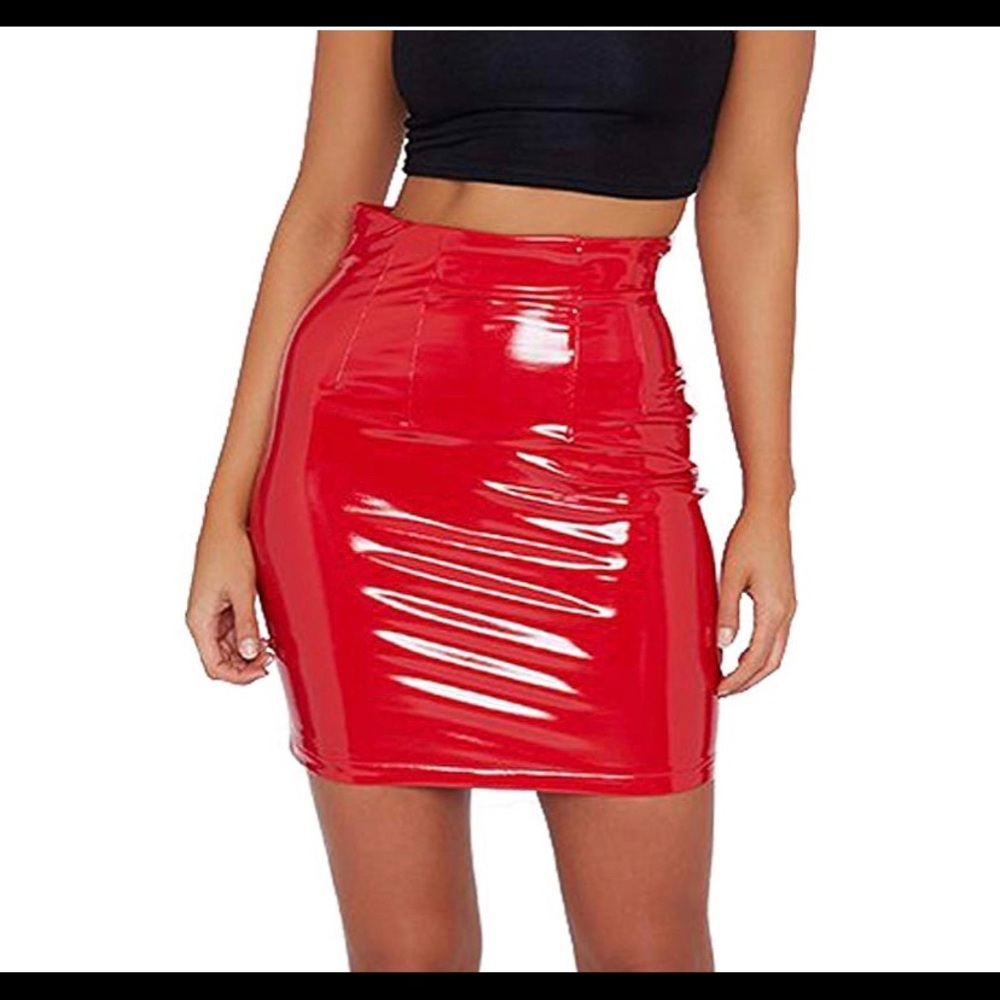 Red vinyl mink skirt